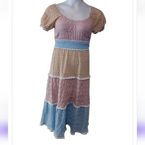 Betsey Johnson Colorblocked Ditsy-Print Midi Dress Sz S